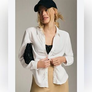 Anthropologie Cloth & Stone Shirred Button Down Shirt in White Women's Size M